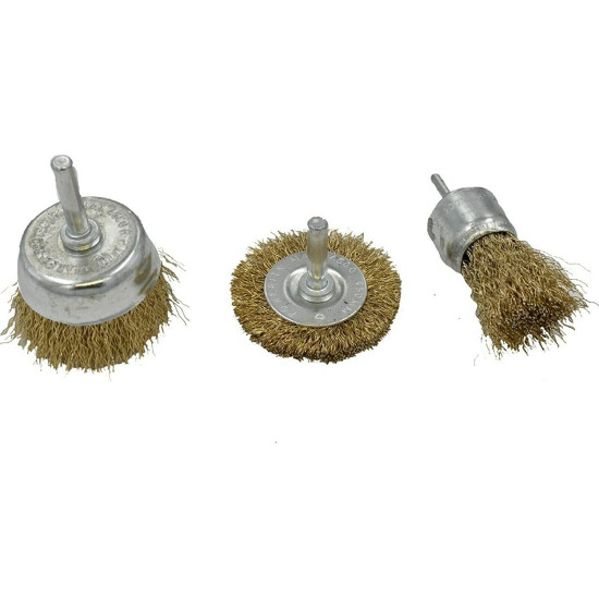 3Pcs Brass Coated Wire Brush Wheel & Cup Brush Set with 1/4-Inch Shank, For Removal of rust/Corrosion/Paint