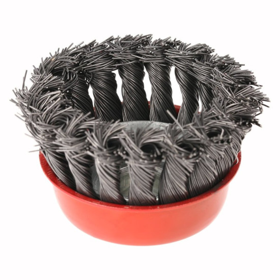 3" Twisted Wire Wheel Knotted Cup Brush for Removing Rust, Paint and Polishing - RED