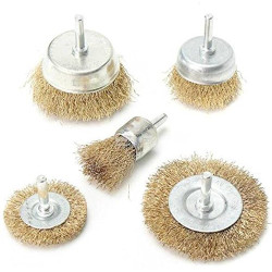 5pcs Crimped Brass Coated Wire Wheel Cup Brush Set for Removing Rust, Paint and Polishing 1/4-Inch Shank