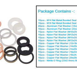 190 PCS Washer Kit Metal Bonded O-ring Flat Plain Washers Gasket 15 Sizes in Nylon, Copper, Aluminum material for Plumbing, Maintenance