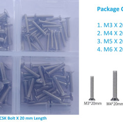 Stainless Steel Grade 202 Allen CSK Bolt/Screws 100 pcs, M3/M4/ M5/M6 X 20mm Length Bolt Set Kit