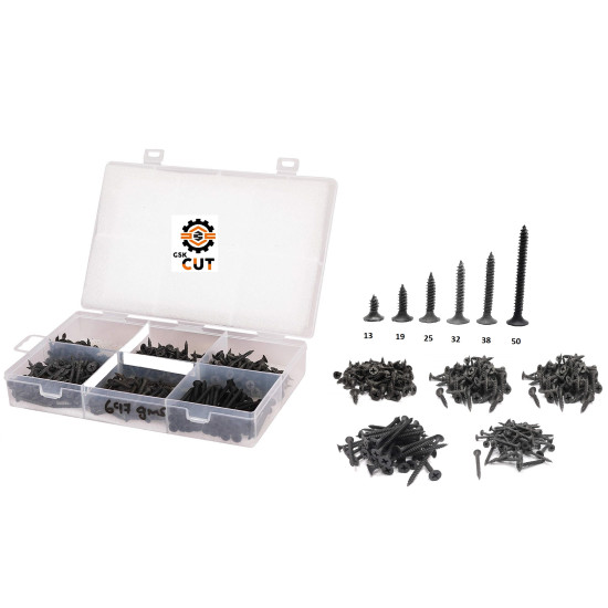 Assorted Black Dry Wall/POP/Gypsum Phillips Bugle Head Drywall Screws 6 Sizes 13 mm to 50 mm - (Pack of 450 Pieces)