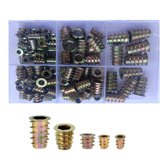 100 Pieces 5 Sizes M4/ M5 /M6 /M8 Metric Threaded Inserts Nuts D Nut Tool Kit for Wood Furniture Zinc Alloy Nuts Wood Inserts Bolts Fastener for Wood
