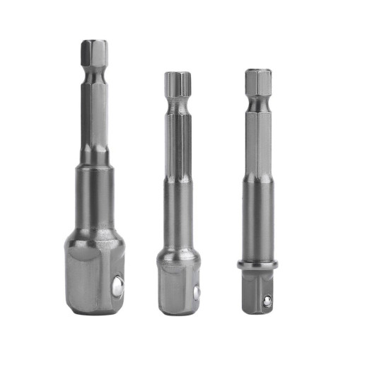 3-Piece Power Adapter Extension Bit Set ¼ Inch Hex Shank to Drive Sizes: 1/4", 3/8”, 1/2” CR-V Quick Change Nut Socket Adapters to Use with Drill Chucks or Screw Impact Drivers