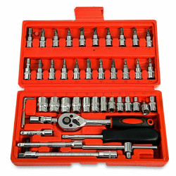 46-Pcs 1/4" Screwdriver Drive Socket & Bit Set Combination with Reversible Ratchet Wrench, Spinner Handle, and Extension Bar. Chrome Vanadium for Automobile Bicycle, bike, car
