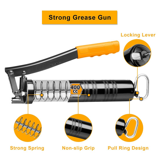 Grease Gun, 10000 PSI Grease Guns, Pistol Grip Grease Gun Set with 400CC / 14Oz Load, 12 Inch High Pressure Flexible Nylon Hose, (1 Set)