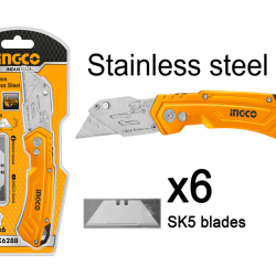 Folding Utility Knife, Stainless Steel Box Cutter with 6 Quick Change SK5 Blades for Cutting Box, Paper Bag, Carton, Cloth, Carpet 