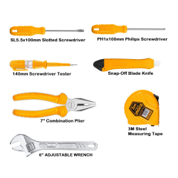 Hand Tool 7-Pieces Set including 7-inch combo pliers, tester, adjustable wrench, snap blade, SL5.5 & PH1 screwdriver, measuring tape
