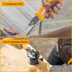 Hand Tool 7-Pieces Set including 7-inch combo pliers, tester, adjustable wrench, snap blade, SL5.5 & PH1 screwdriver, measuring tape