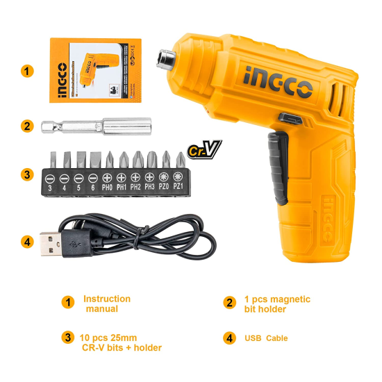Lithium-Ion 4V Cordless Screwdriver, Powered Screwdriver LED Rechargeable Handy Drill Screwdriver with 11 pc Accessories, 1pcs Magnetic Bit Holder