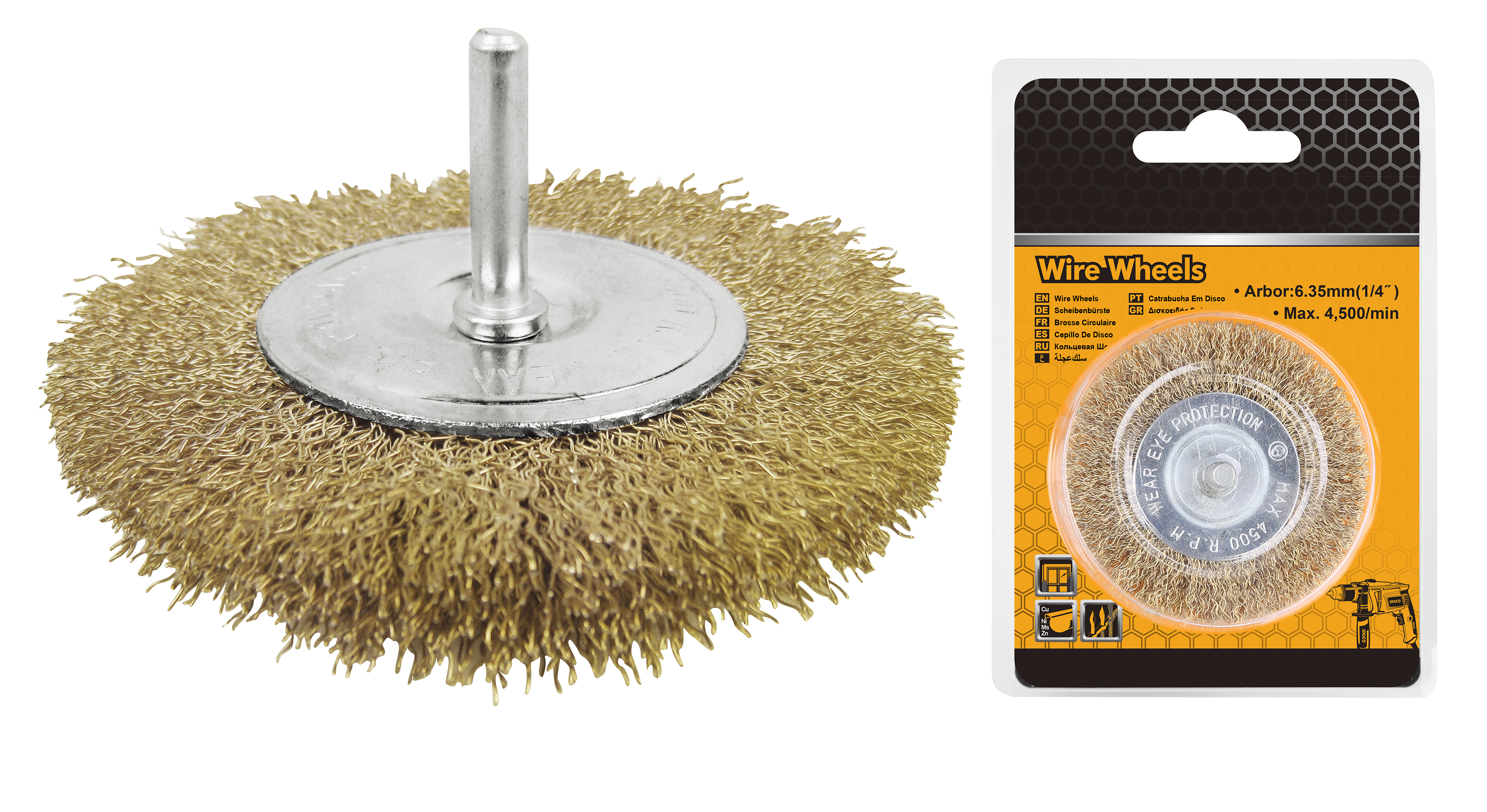 50mm Brass Wire Wheel Brush suitable for deburring, edge honing, descaling  paint stripping with ¼ inch shank