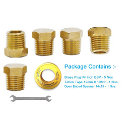 1/4" BSP Male Pipe Plug Thread Socket Plug Brass Fitting Hex Thread Socket Pipe Fitting Plug (Pack of 5) for Plumbing, Hydraulic fitting with Teflon Tape & Spanner