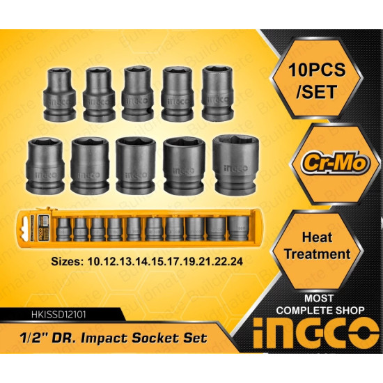 10PCS 1/2" DR. Impact Socket Set Material: 10, 12, 13, 14, 15, 17, 19, 21, 22, 24 mm Cr-Mo Hex Impact Socket Set Home tools | Mechanical| Automobile| Industrial Tools | Power Tools 