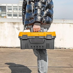 Plastic Tool Storage Box - Tool Organizer Storage Box for Hand Tool Kit Screwdriver, Wrench, Hammer, Home Stuff Storage Mini Hardware Tool (14 Inch Yellow/Black) with one hand Snap Latch 