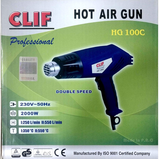 Clif Heat Gun HG 100C 2000W Industrial hot air gun heavy duty 2000w suitable for shrink wrapping, packing, stripping paint Clif Heat Gun HG 100C 2000W Industrial hot air gun heavy duty 2000w suitable for shrink wrapping, packing, stripping paint