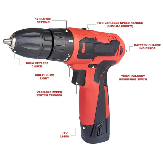 Cordless Rechargeable Drill Driver, 12V Single Battery Drilling Machine
