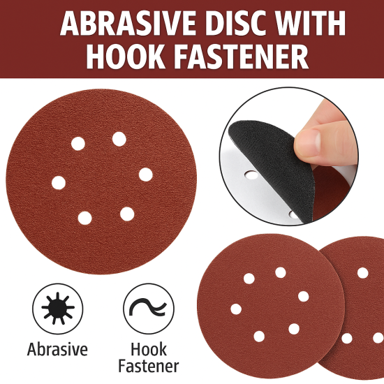 6-Inch Round Sanding Discs – 120 Grit, 50 Pcs | Hook & Loop Backed Sandpaper | Orbital Sander Compatible | Aluminium Oxide | 6-Hole Design for Wood, Metal, Paint & Varnish