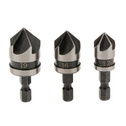 Hex Shank Chamfer Drill Dia 12, 16, 19 mm Countersink Power Drill Bit Bore Set for Wood (Set of 3)