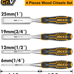 4Pcs Wood Chisel Set Sturdy Chrome Vanadium Steel Woodworking Chisel Set Tools 1/4",1/2",3/4",1", Shock-Absorbing Grip and Steel Striking Cap Carpenter Carving