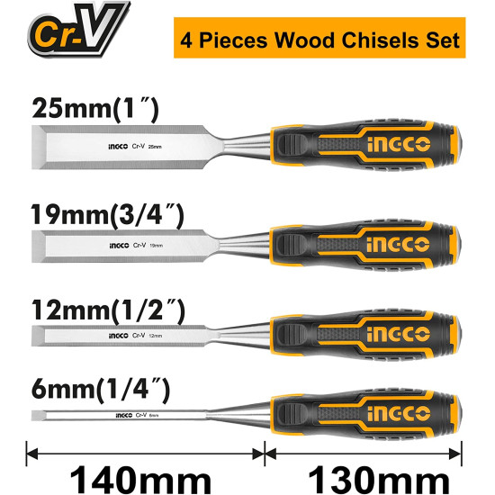 4Pcs Wood Chisel Set Sturdy Chrome Vanadium Steel Woodworking Chisel Set Tools 1/4",1/2",3/4",1", Shock-Absorbing Grip and Steel Striking Cap Carpenter Carving