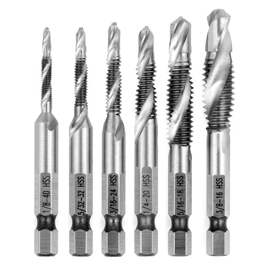 Combination Drill and Tap Bit Set - Deburr Countersink Drill Bit, HSS 4241 with 1/4” Hex Shank, 1/8”- 3/8”, Pack of 6pcs