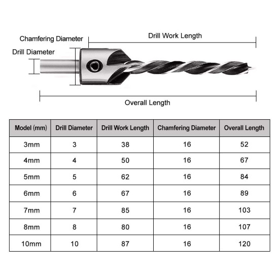 Countersink Drill Bits, 7pcs Woodworking Chamfer Countersink Drill Bits Set, for Woodworking 3 4 5 6 7 8 10mm with Hex Key